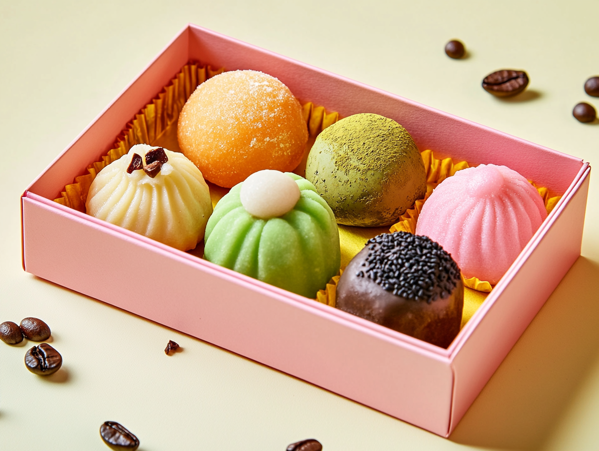 Colorful pastry box with chocolate and matcha balls