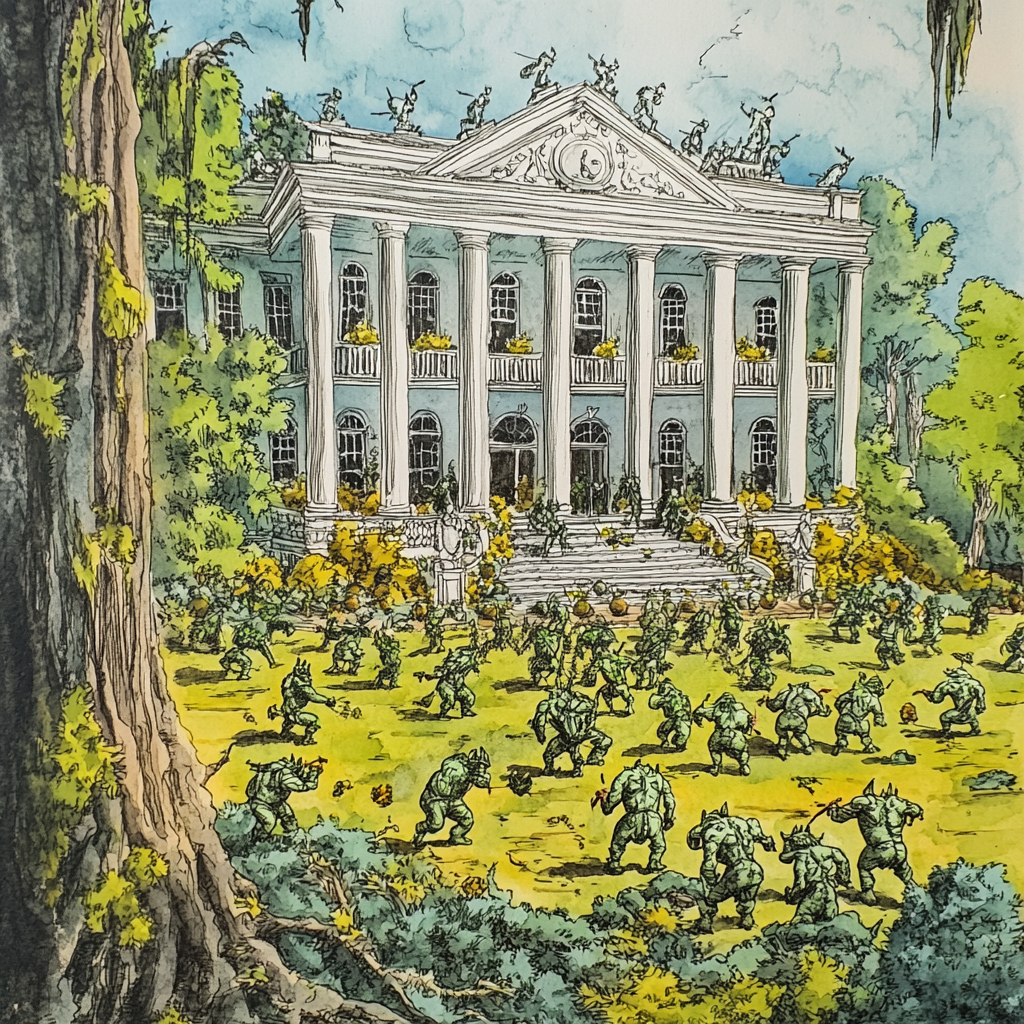 Colorful pen and ink drawing of plantation manor.