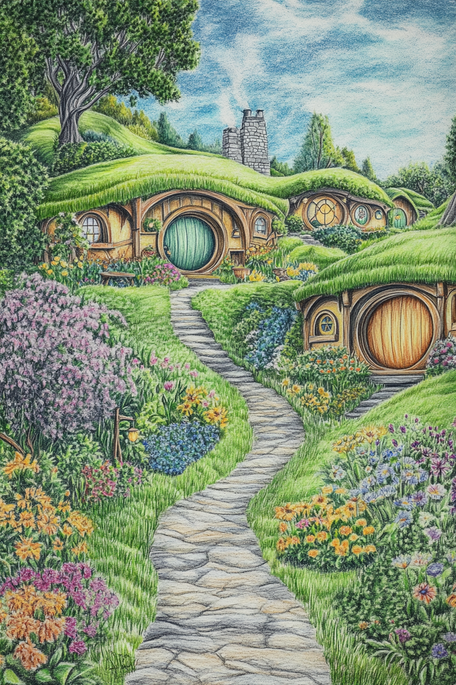 Colorful pencil drawing of peaceful hobbit village countryside.