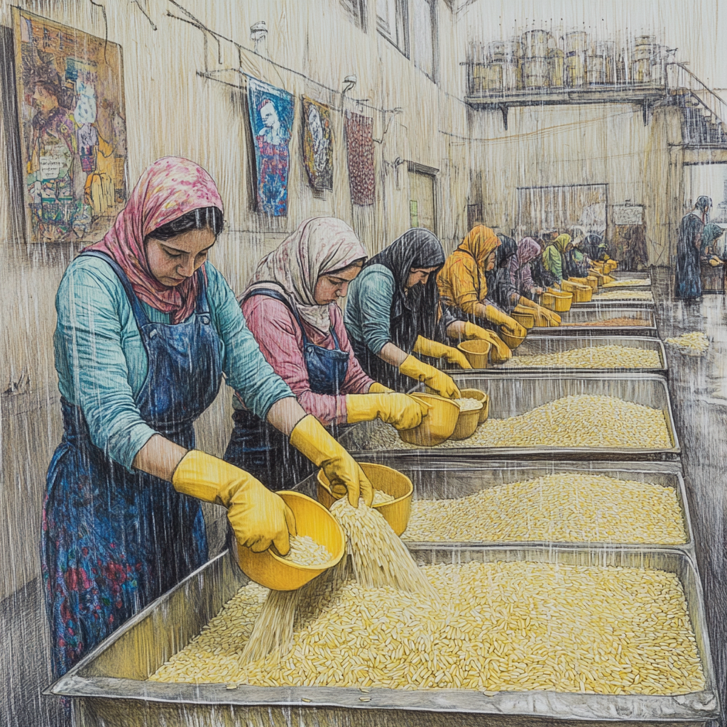 Colorful pencil sketch of Iranian women workers neating rice.