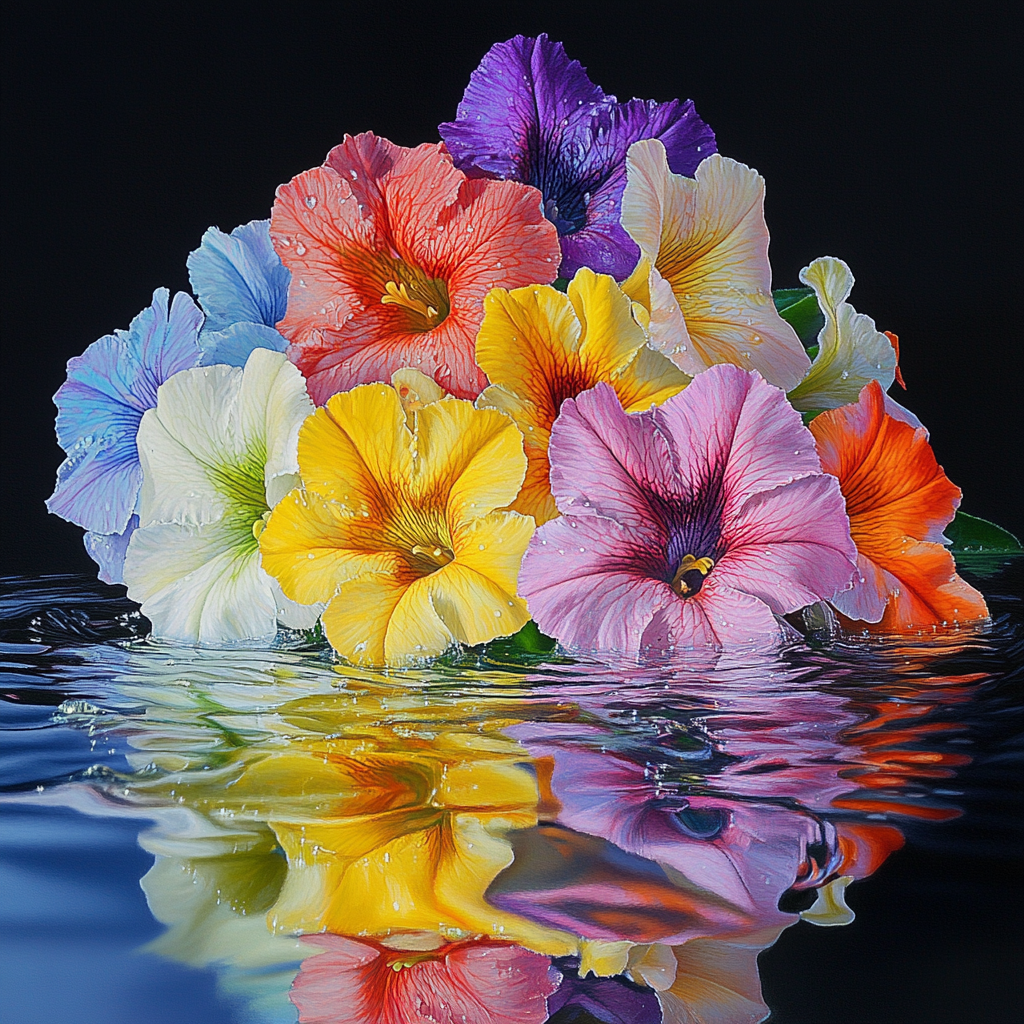 Colorful petunias bouquet on white water surface, realism