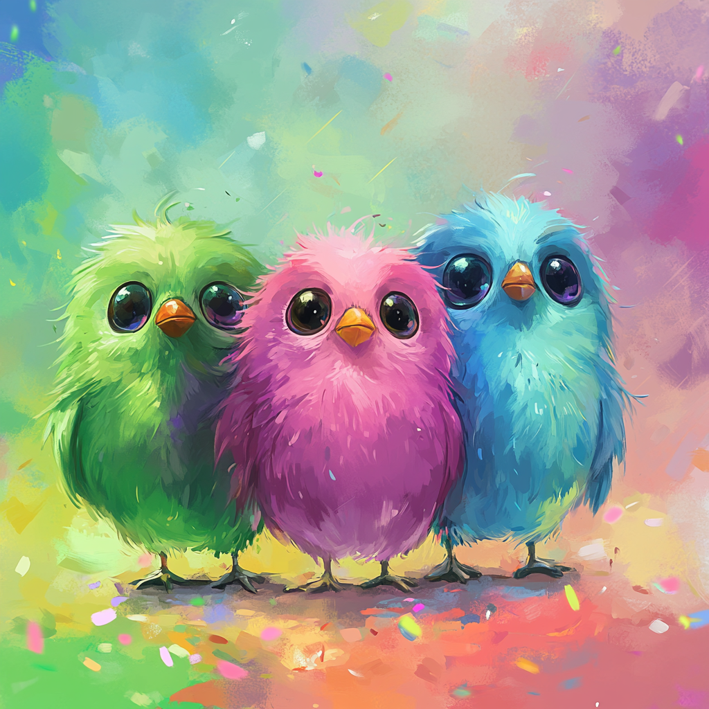 Colorful playful birds in rainbow scene.