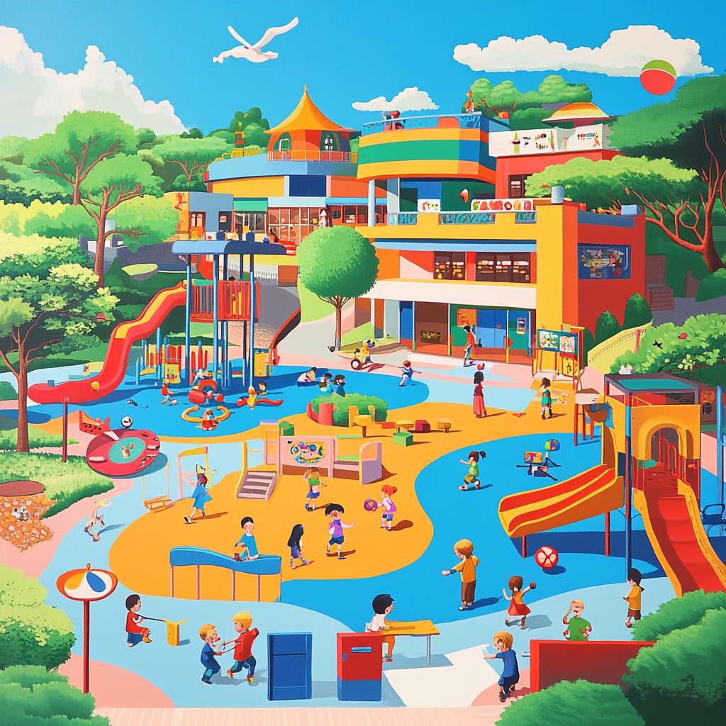 Colorful playground with characters playing sports on sunny days.