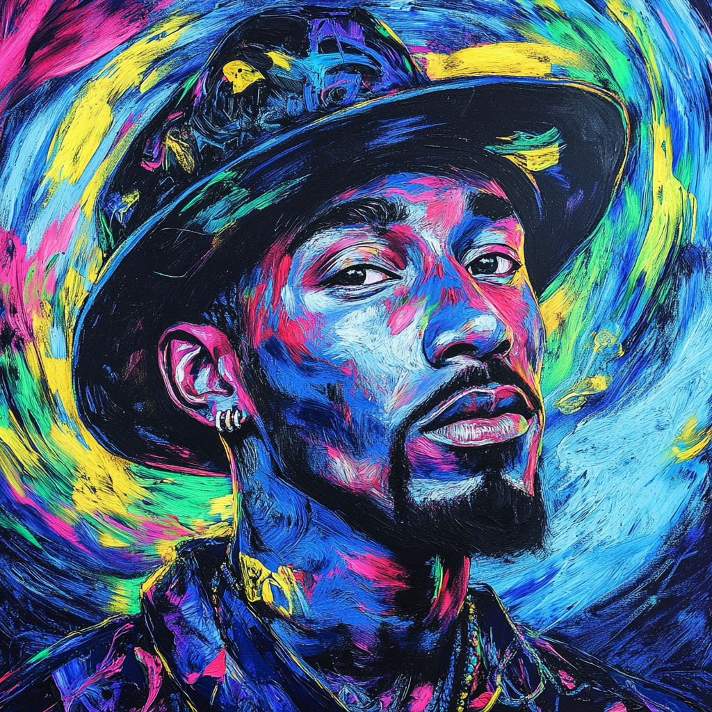 Colorful portrait of rapper with neon graffiti swirls