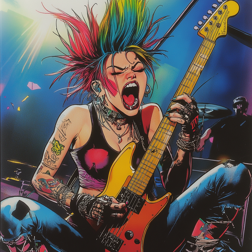 Colorful punk girl with tattoos and piercings playing guitar.