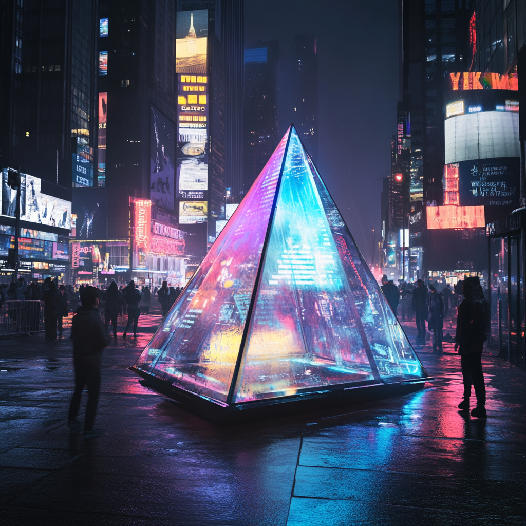 Colorful pyramid prism in Times Square lights up.