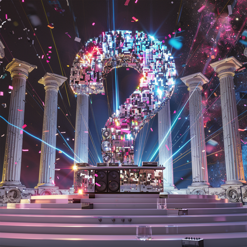 Colorful question mark stage at music festival colosseum 