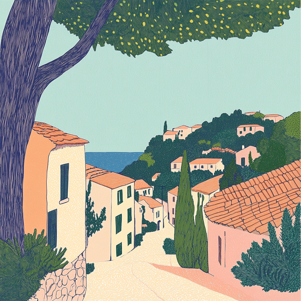 Colorful risograph print of Provencal village and nature.