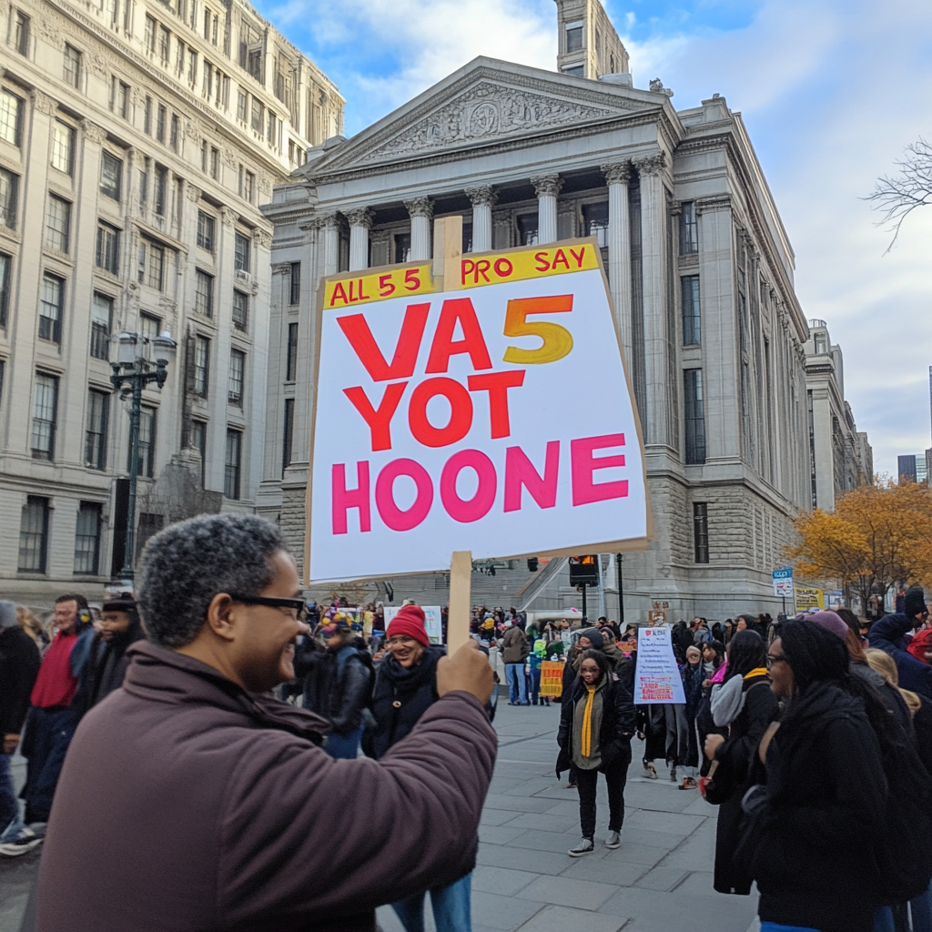 Colorful sign for NYC housing rally.