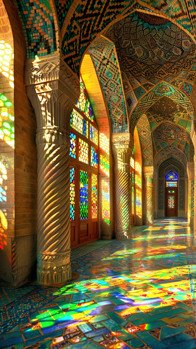 Colorful stained-glass windows and intricate carved columns.