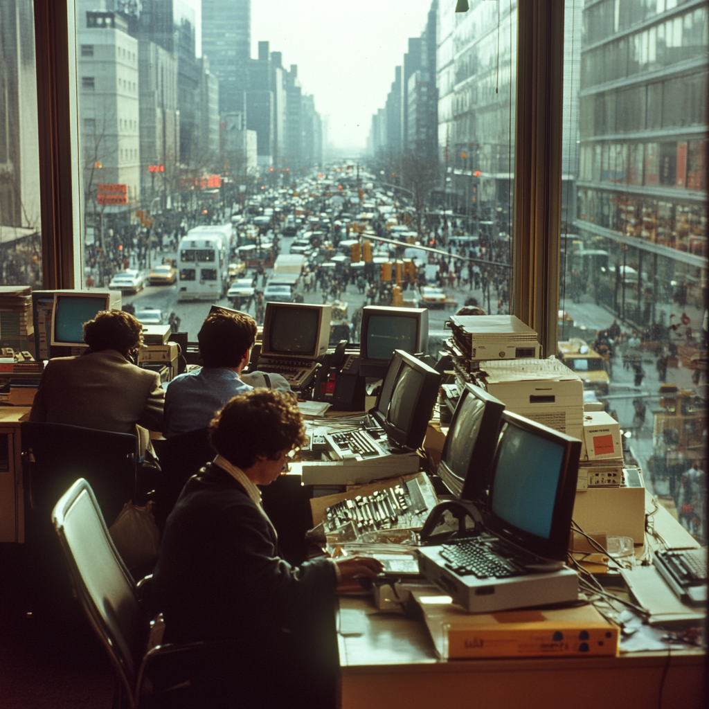 Colorful street photos of busy NYC office in 80s.