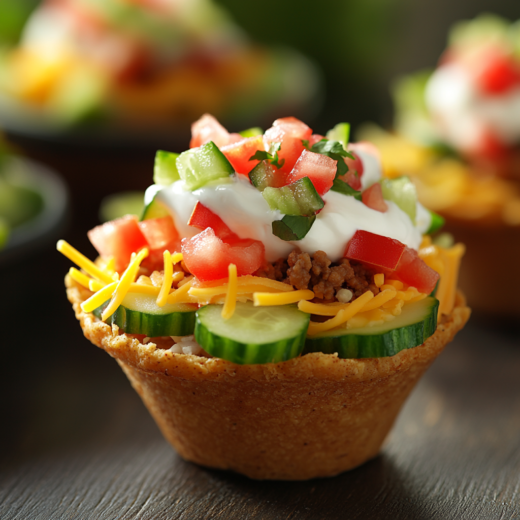 Colorful taco cups with various toppings in focus