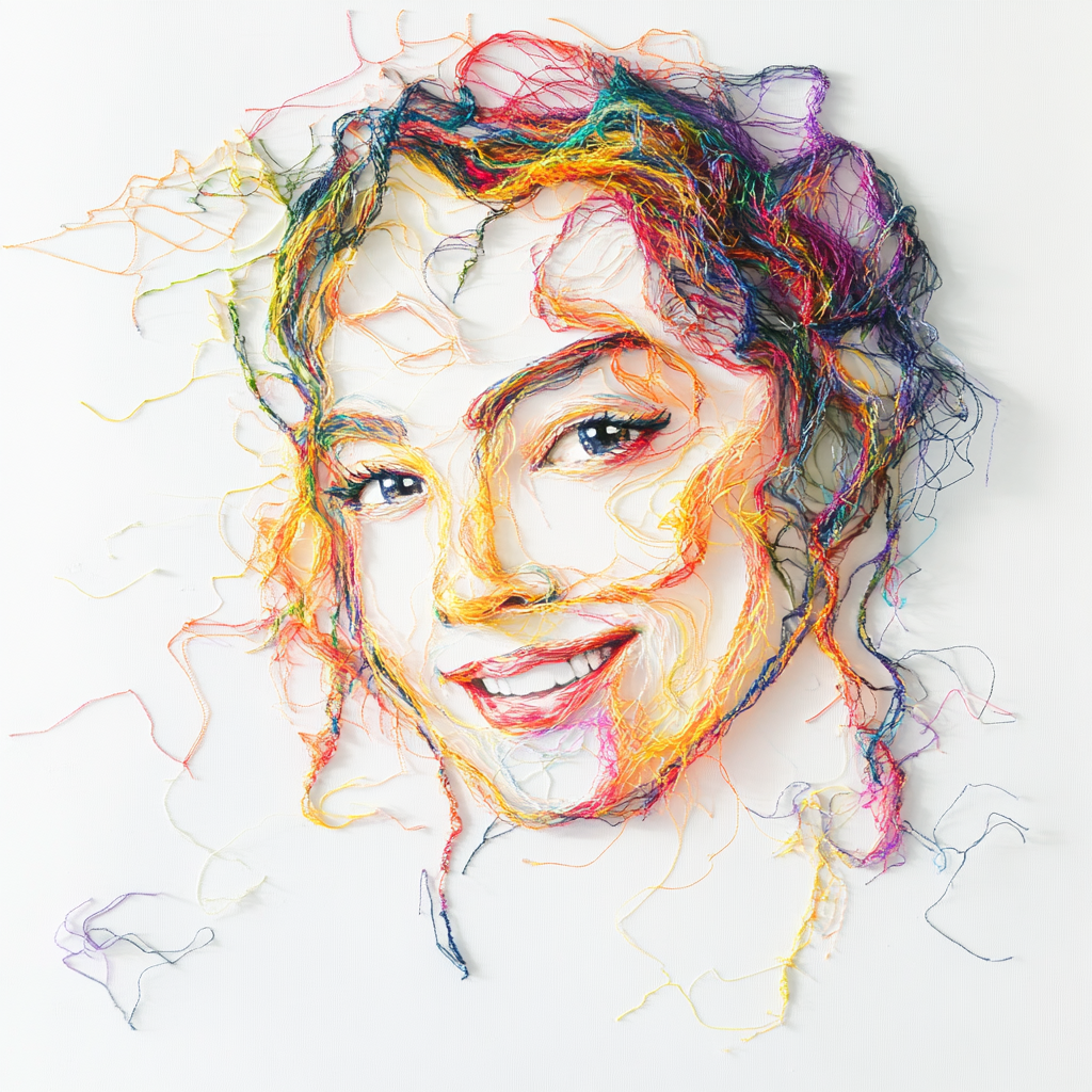 Colorful threads create smiling woman portrait on white background