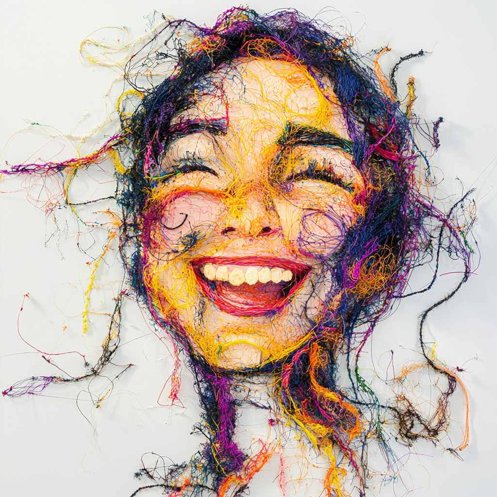 Colorful threads make smiling woman portrait on white