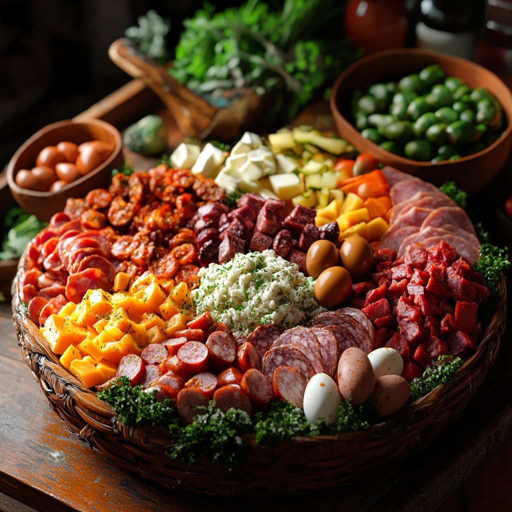 Colorful traditional Guatemalan fiambre on dining table