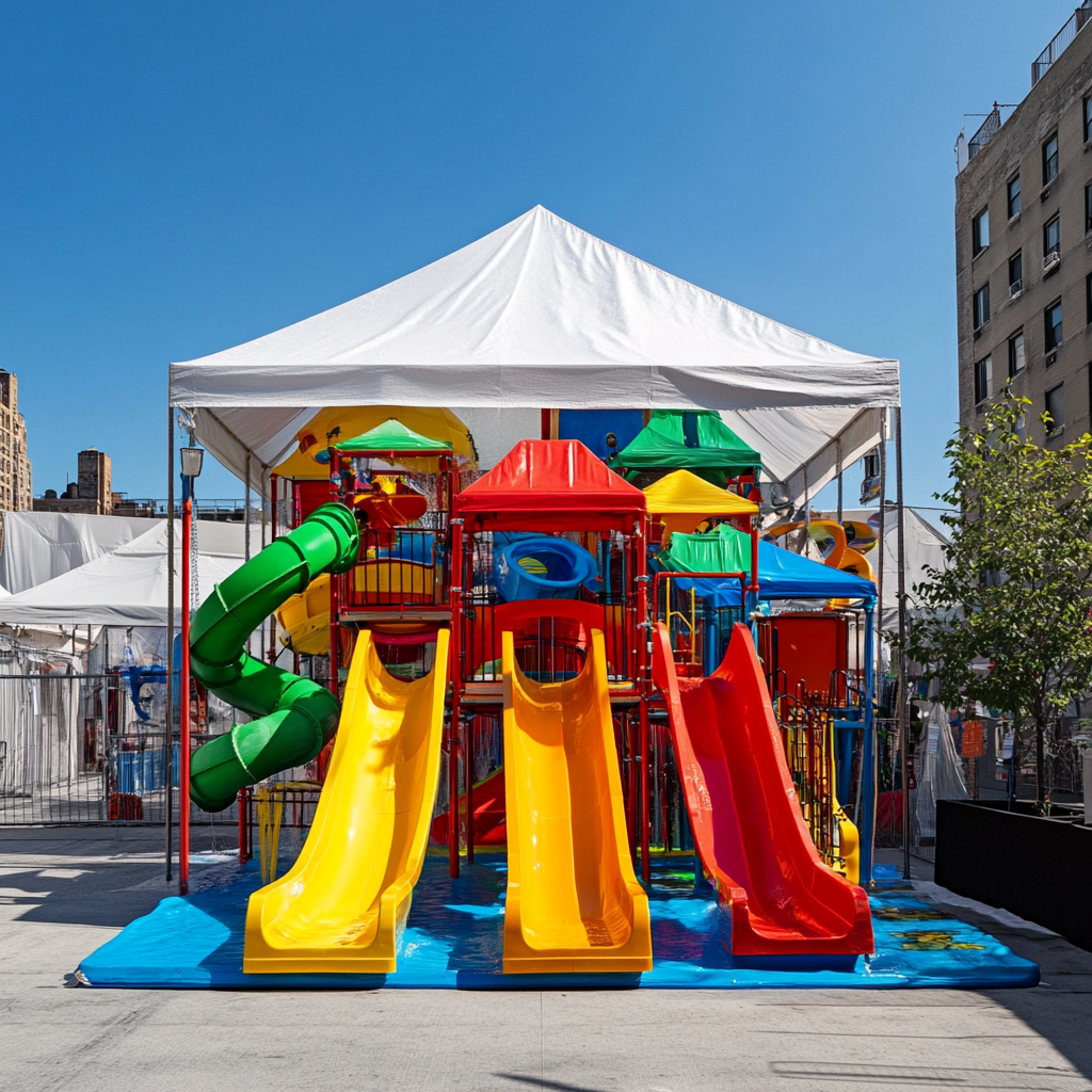 Colorful waterpark and theme park slides in NYC tent