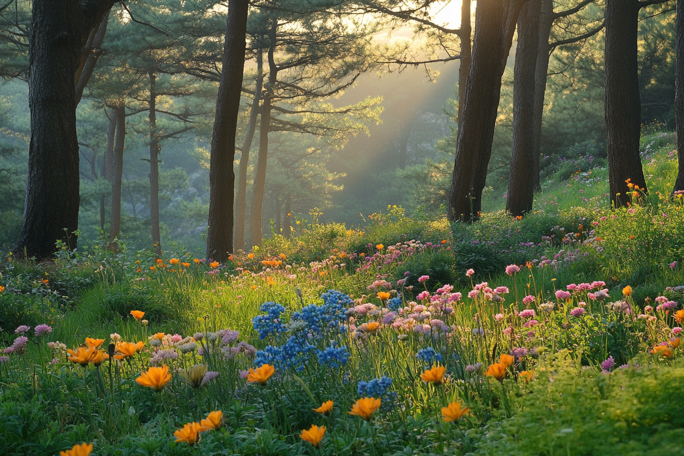 Colorful wildflowers in Asian forest with big trees behind.