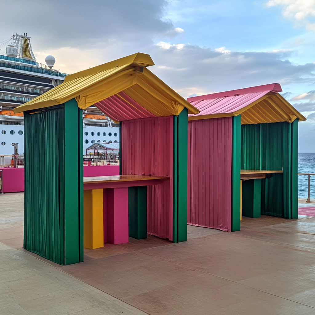 Colorful wooden bars with tents, cruise ship in background