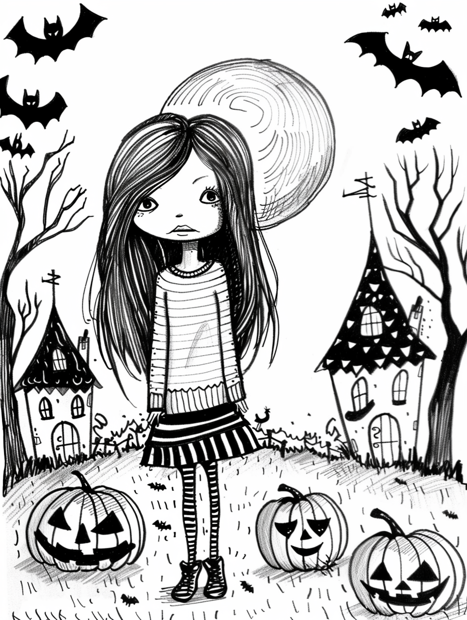 Coloring Book Page: Ten Year Old Girl in Halloween Scene