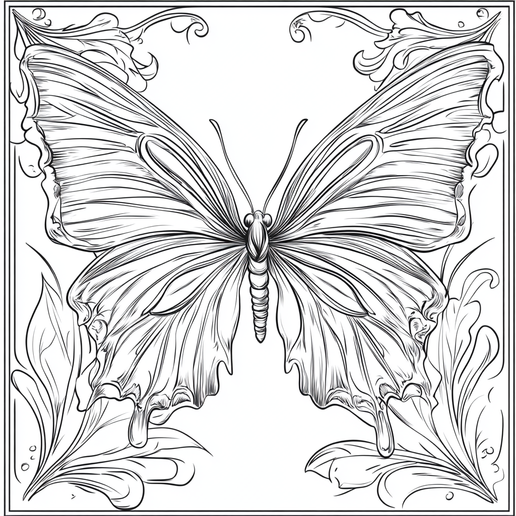 Coloring Book page: Butterfly with layered scales, thick outline.