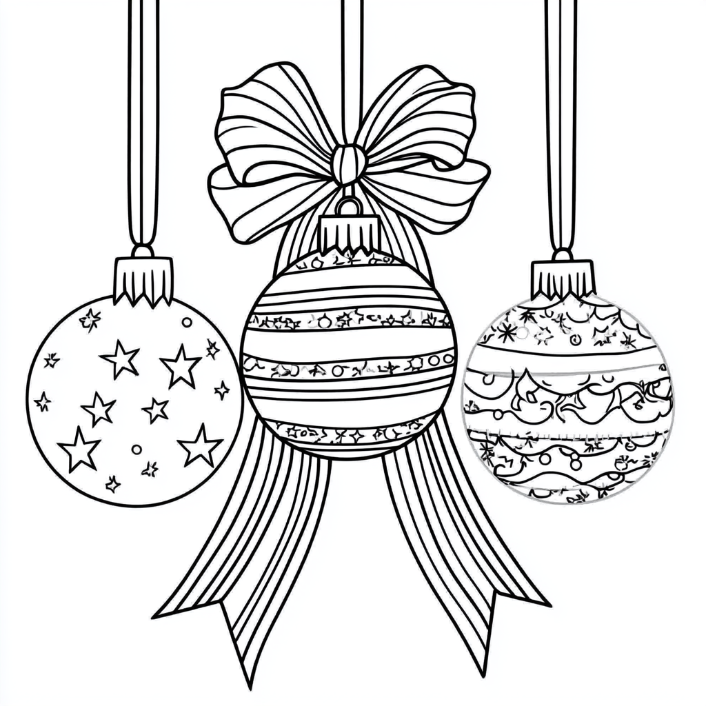 Coloring Three Christmas Baubles on Striped Bow Illustration