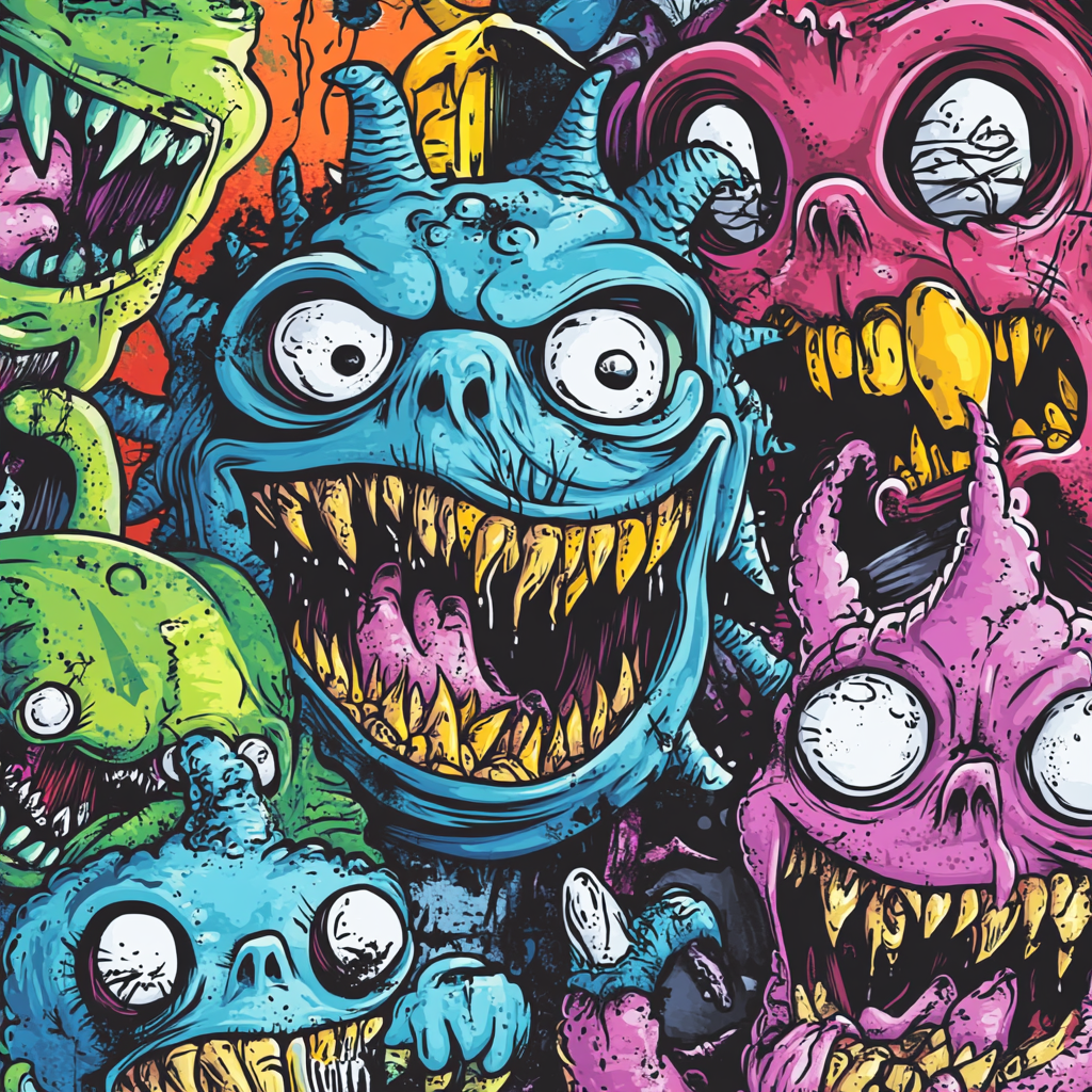 Coloring book page with graffiti-style monsters in vivid colors.