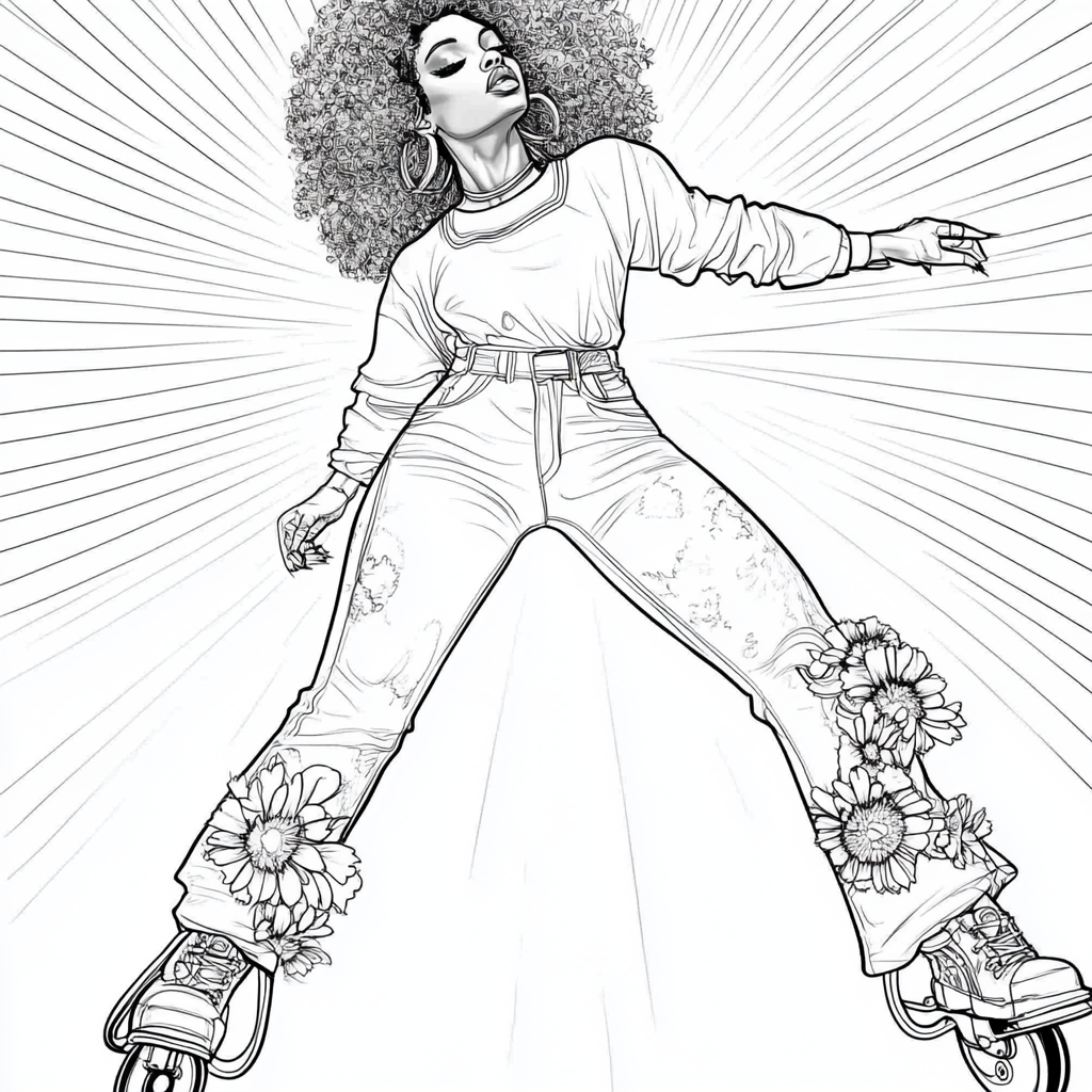 Coloring book with African-American woman roller-skating in 1970s disco.