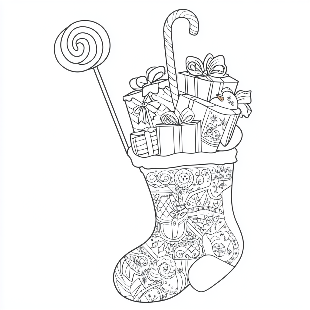 Coloring book with Christmas sock, presents, snowman, lollipop.