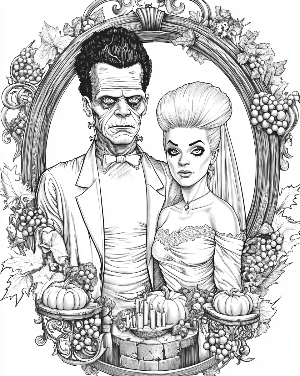 Coloring page design of Frankenstein's creature & Bride in white.