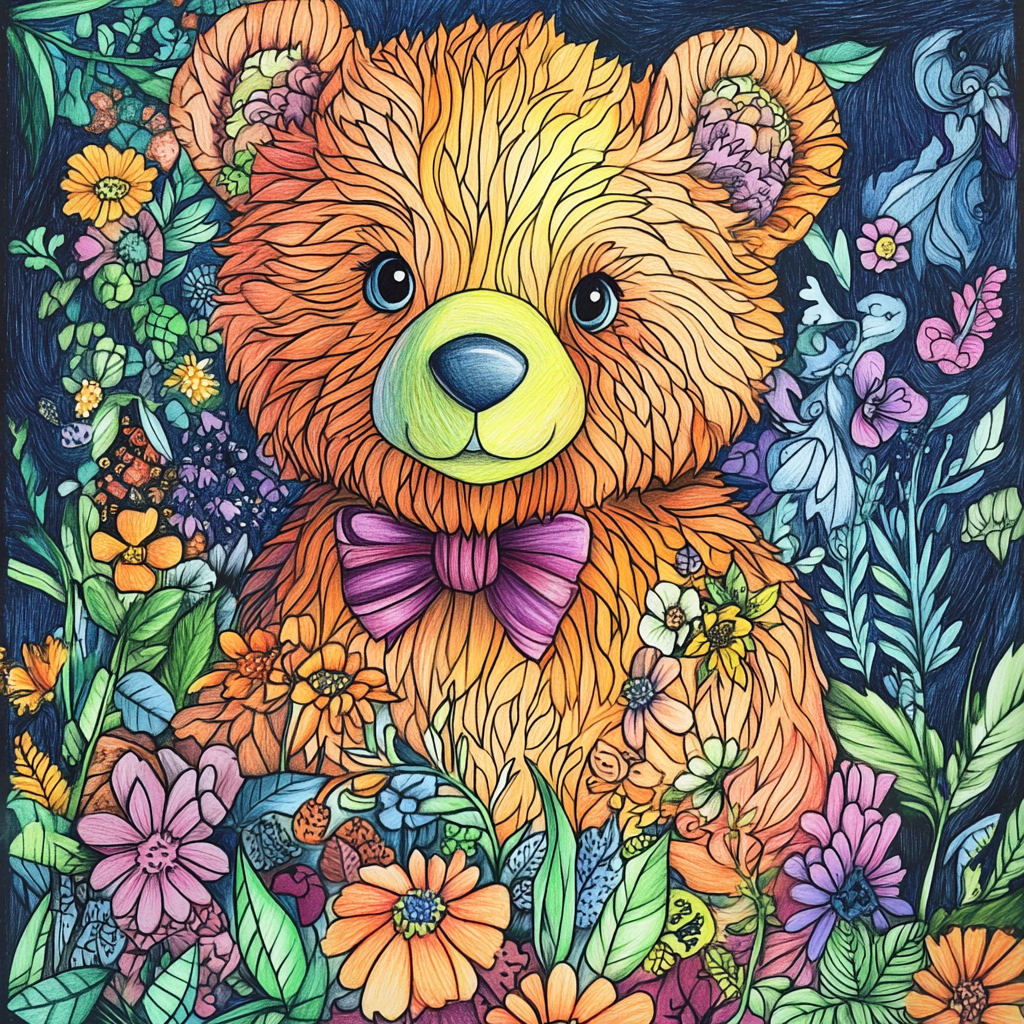 Coloring page for kids, intricate, beautifully colored, vibrant, teddy bear cartoon style.