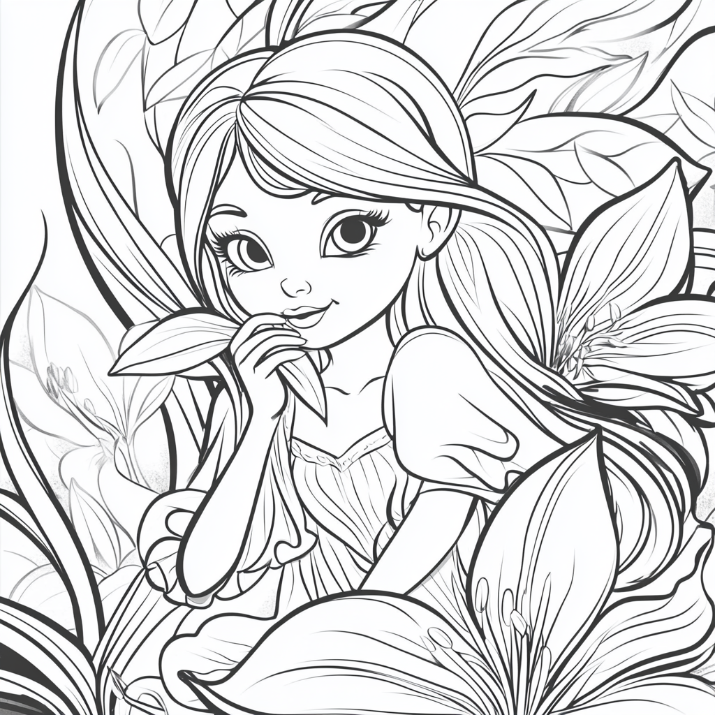 Coloring page for kids fairy Lily flower cartoon.