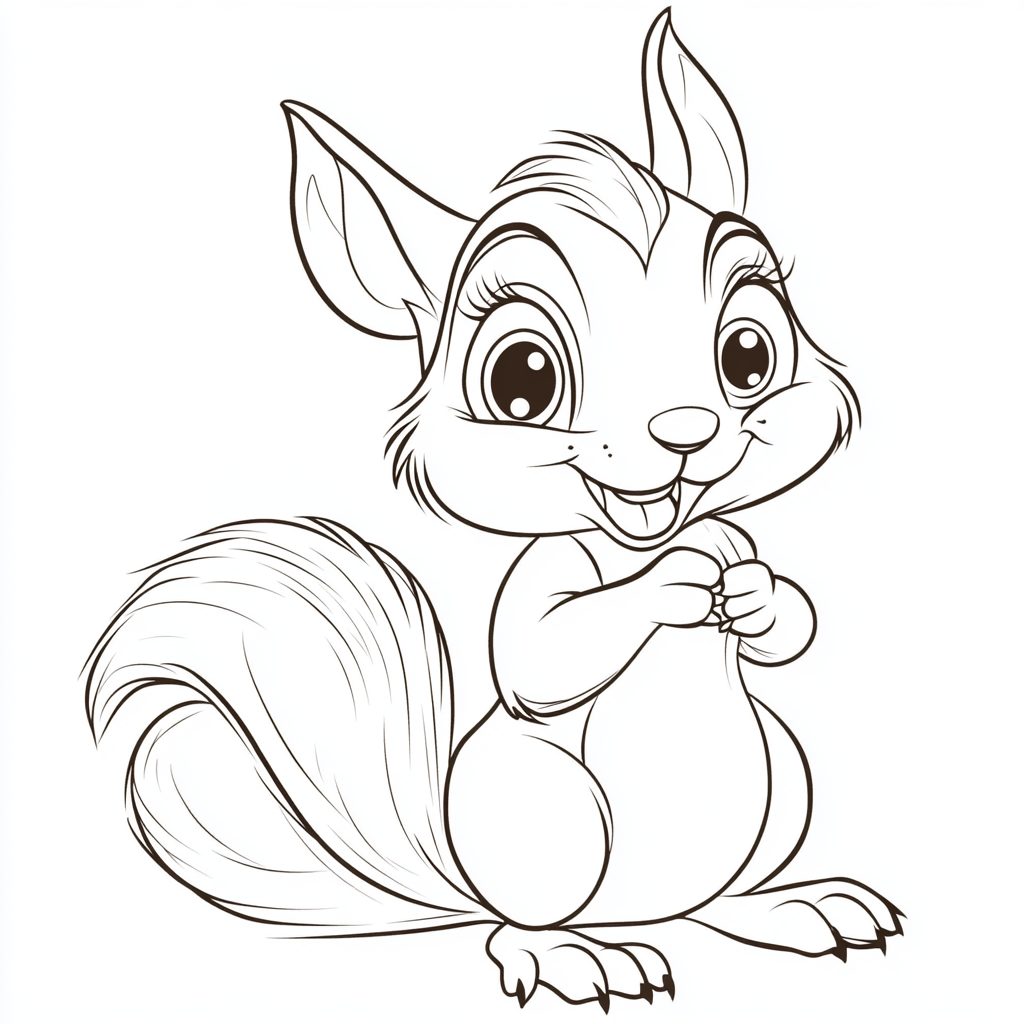 Coloring page for kids featuring cute squirrel cartoon.