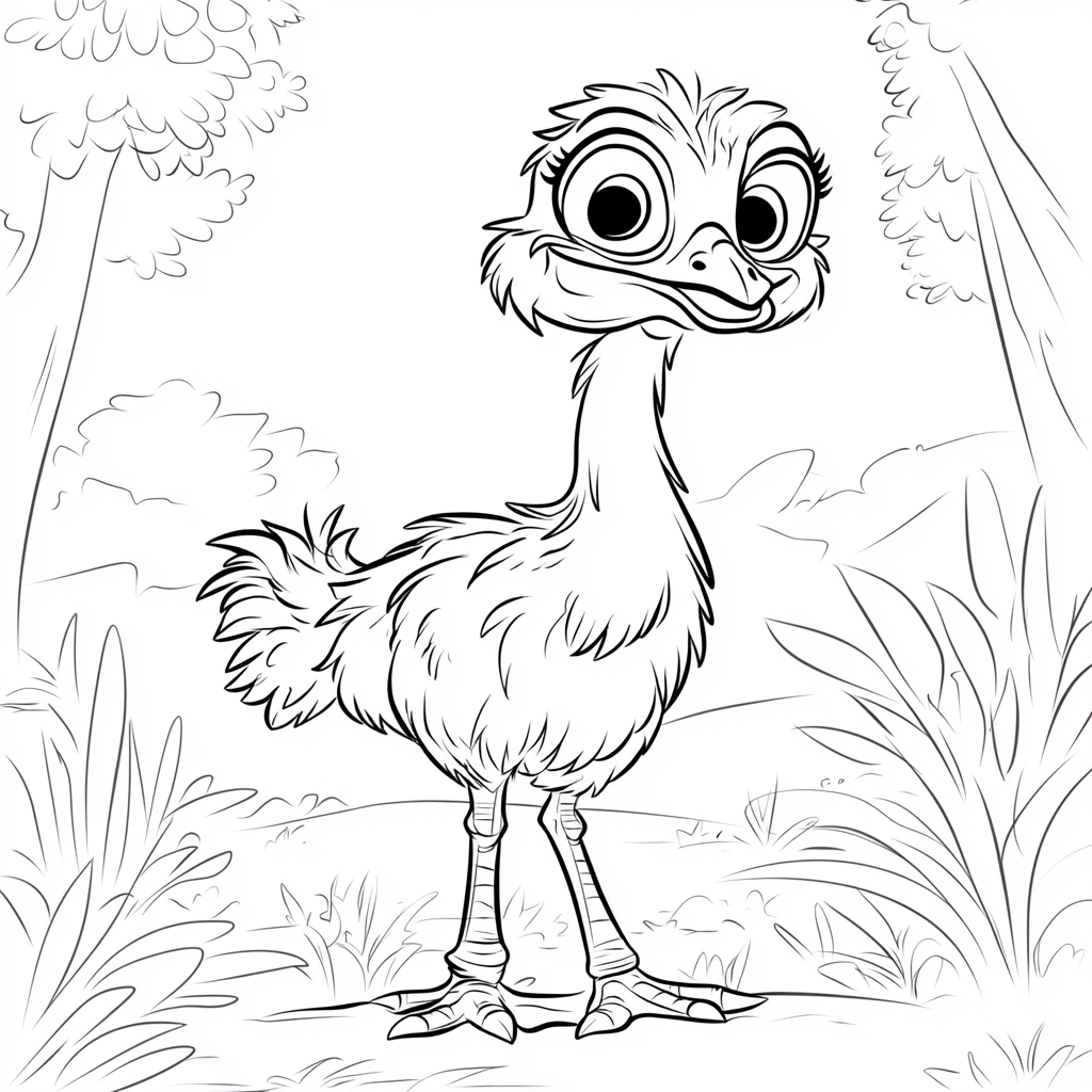 Coloring page for kids with cute ostrich cartoon.