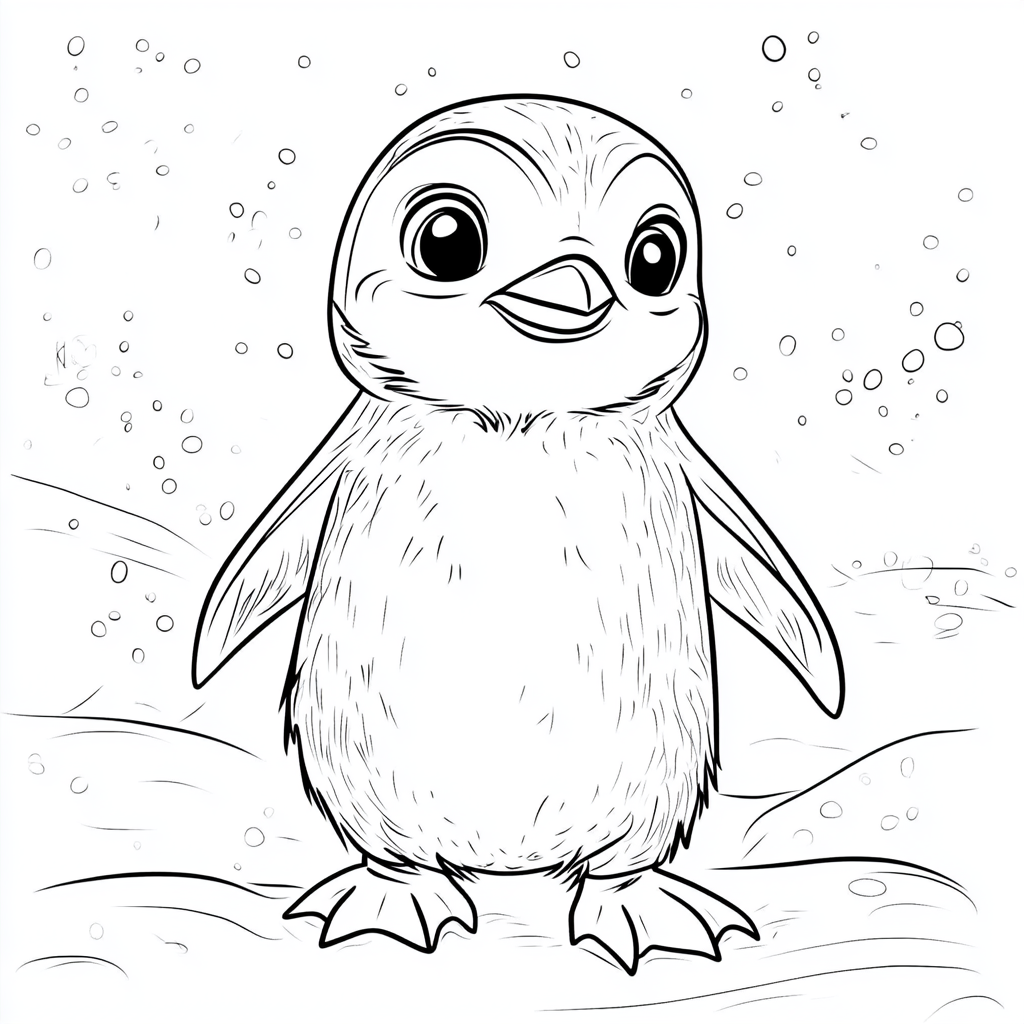 Coloring page for kids with cute penguin cartoon.