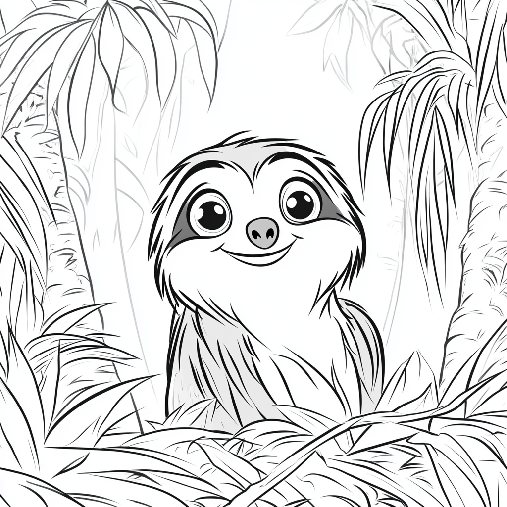 Coloring page for kids with cute sloth cartoon.