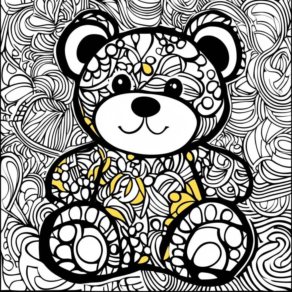 Coloring page for kids with teddy bear design.