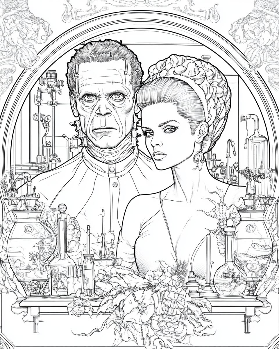 Coloring page image of classic Frankenstein couple in lab.