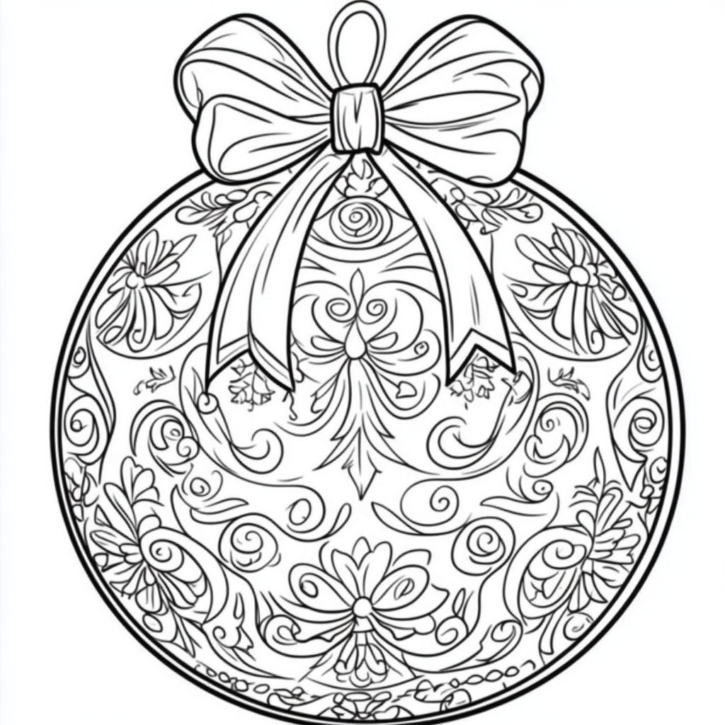 Coloring page of Christmas ball with bow on top.