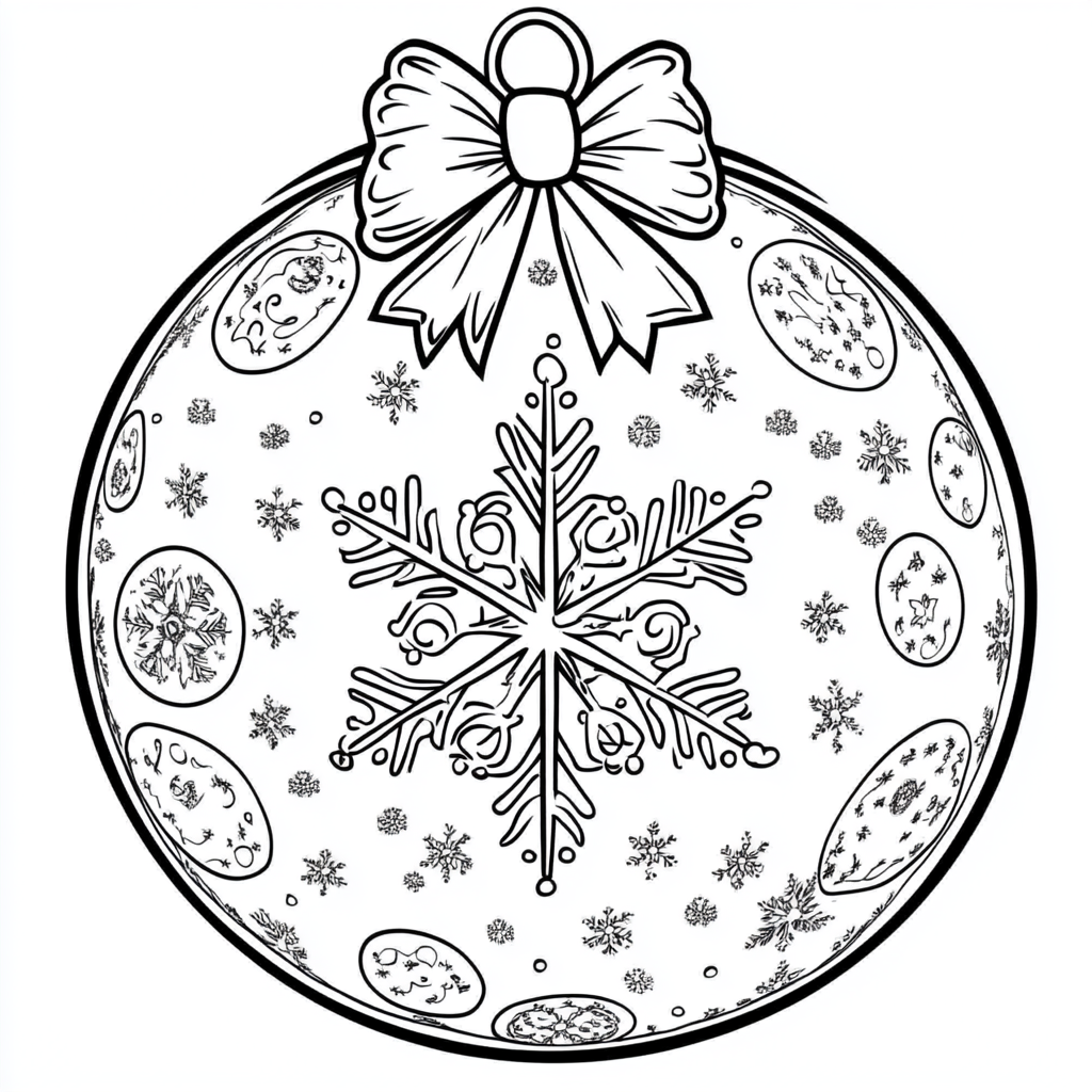 Coloring page of Christmas ball with snowflake.