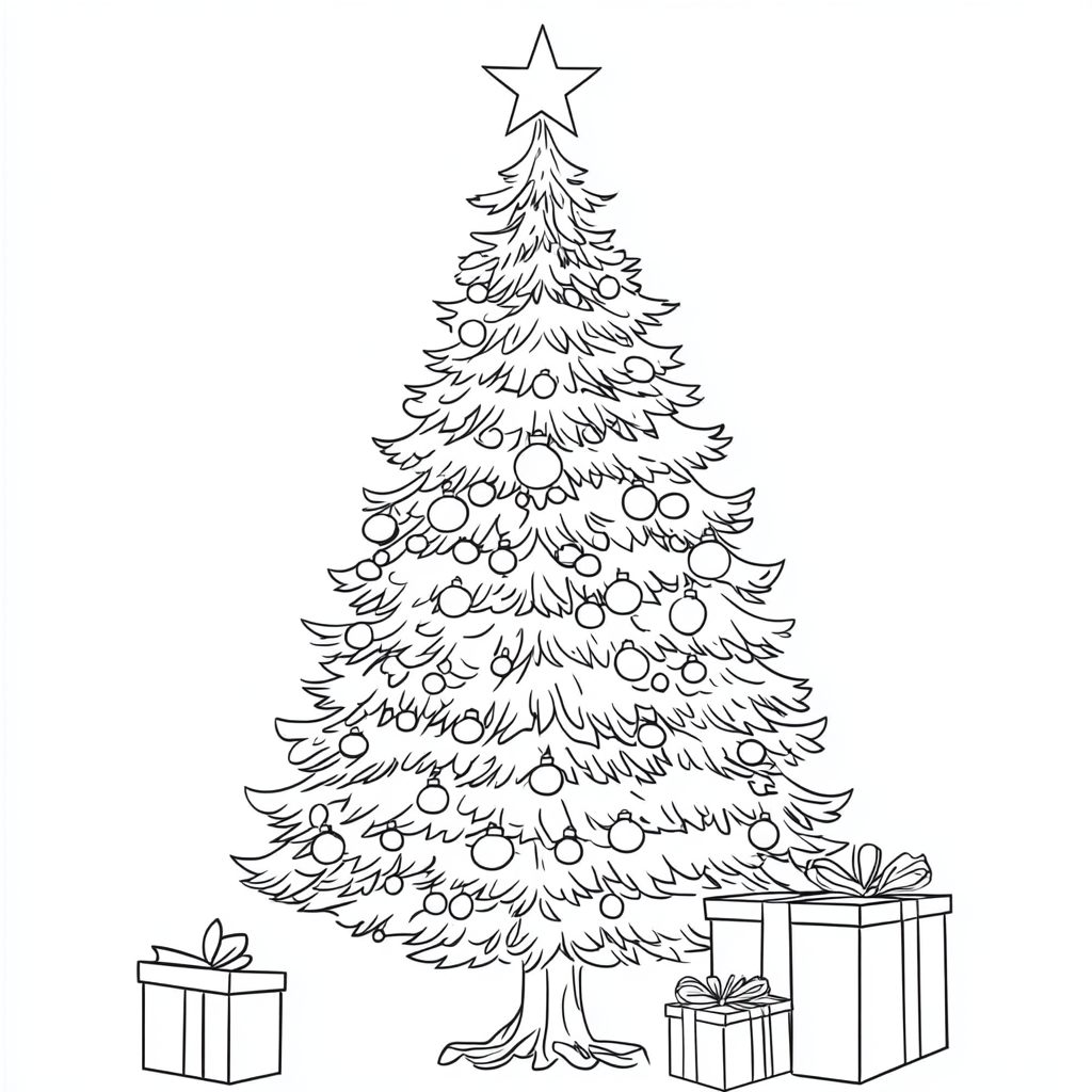 Coloring page of a Christmas tree with presents