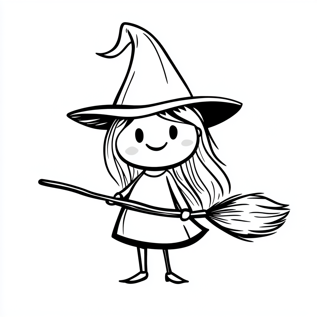 Coloring page of a smiling witch with broomstick.