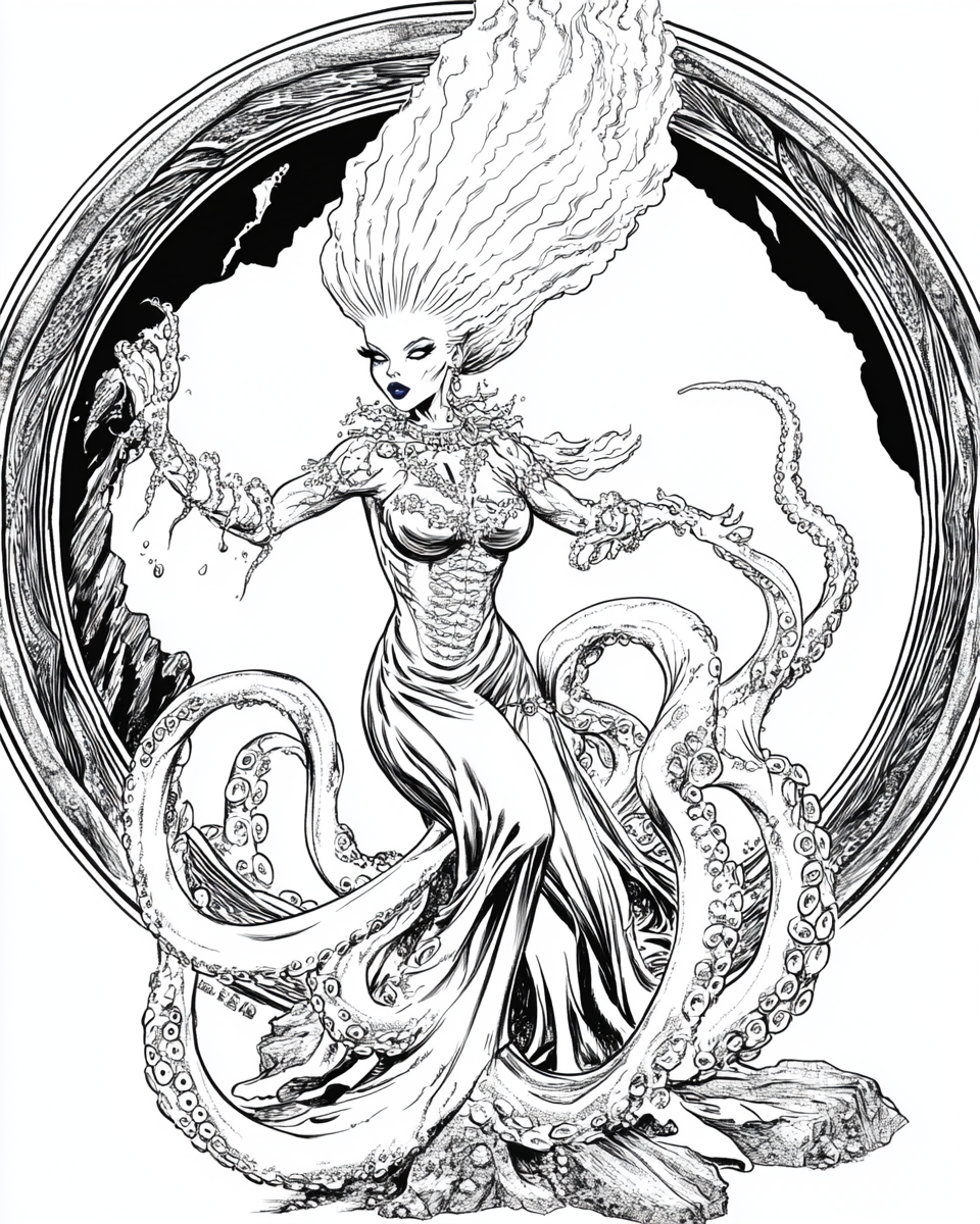 Coloring page of beautiful sea witch half octopus.