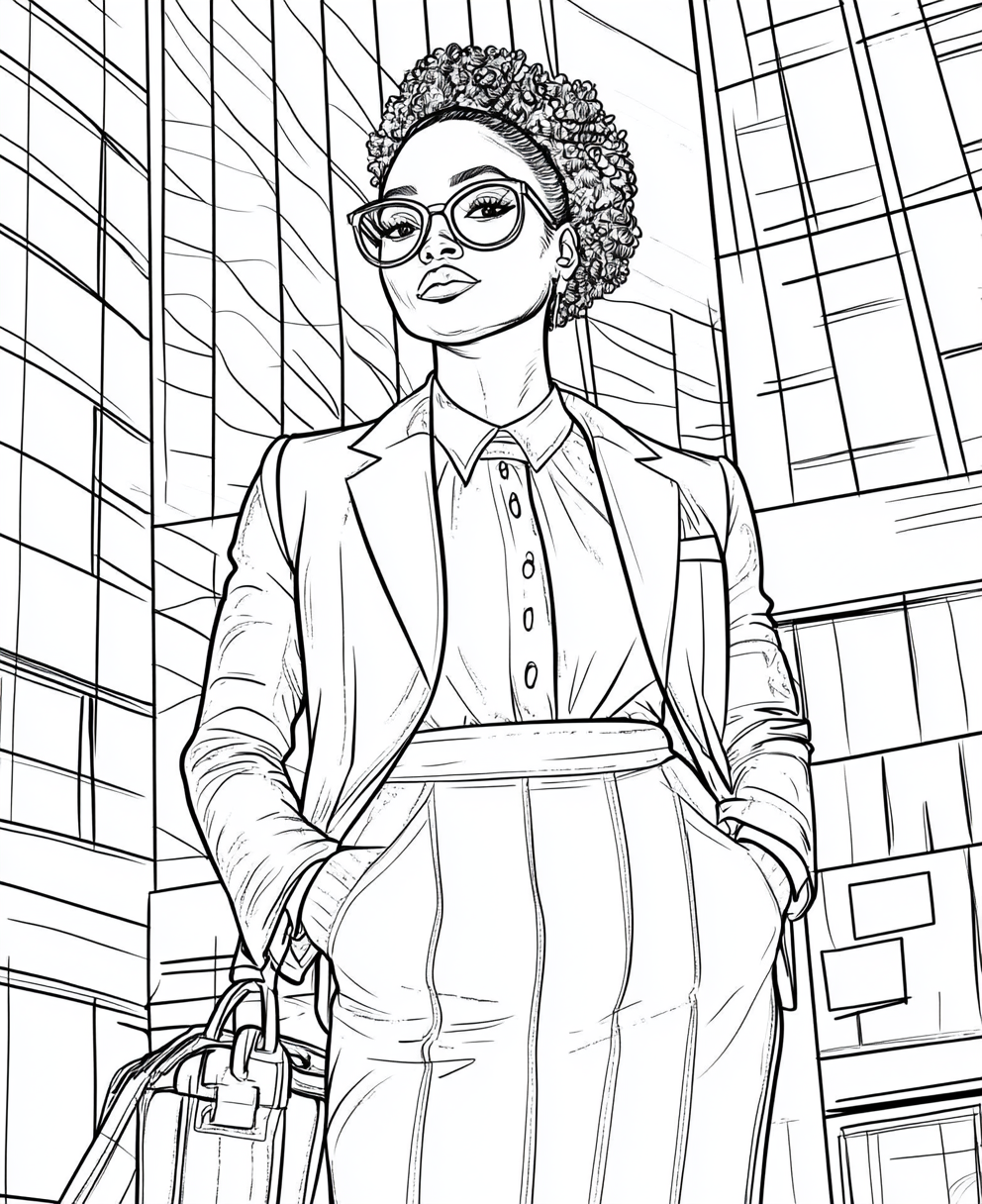 Coloring page of fashionable black woman in business outfit.