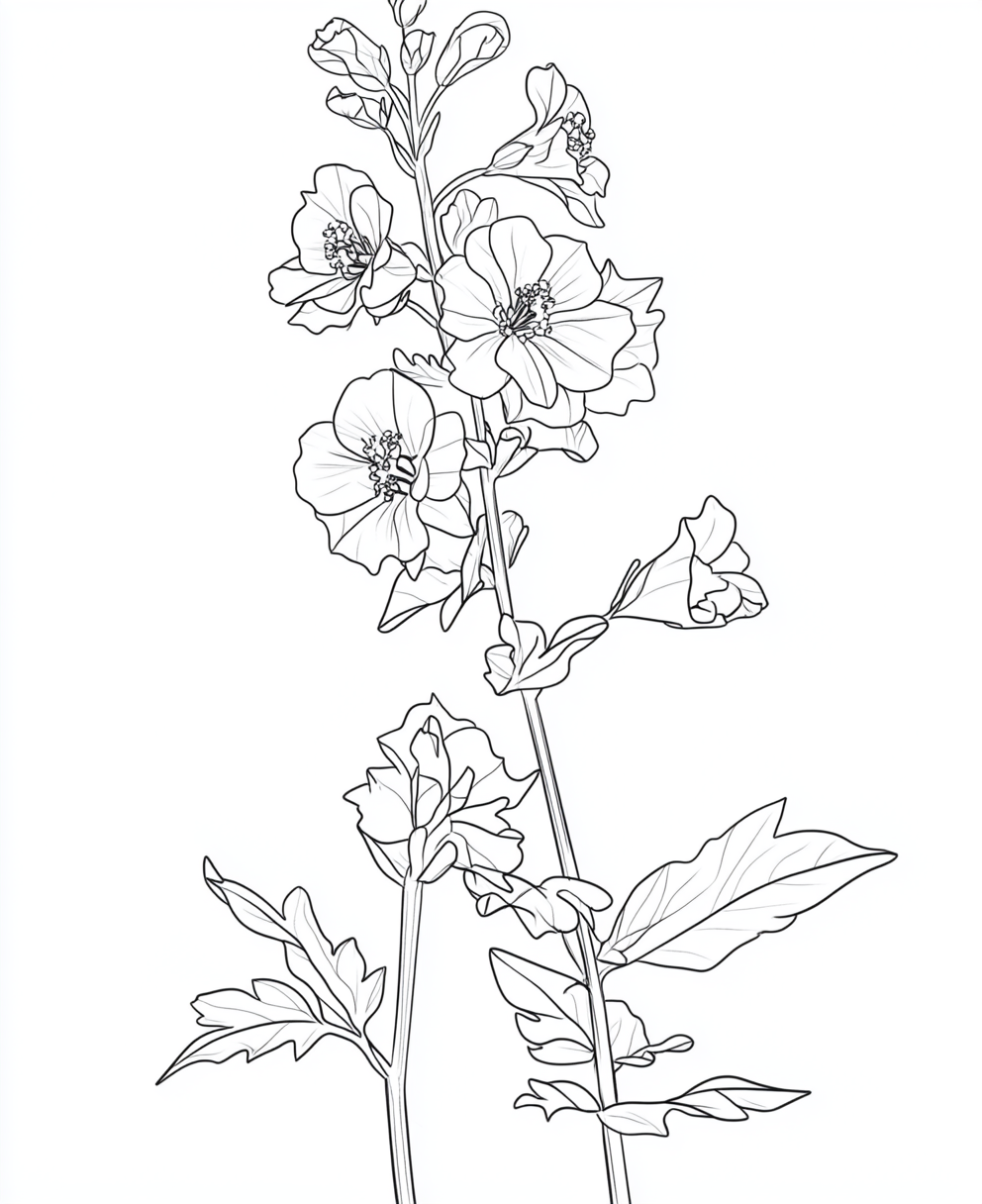 Coloring page of larkspur flower for adult relaxation.