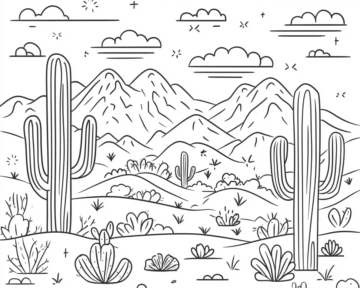 Coloring page of mountains and cactuses for kids