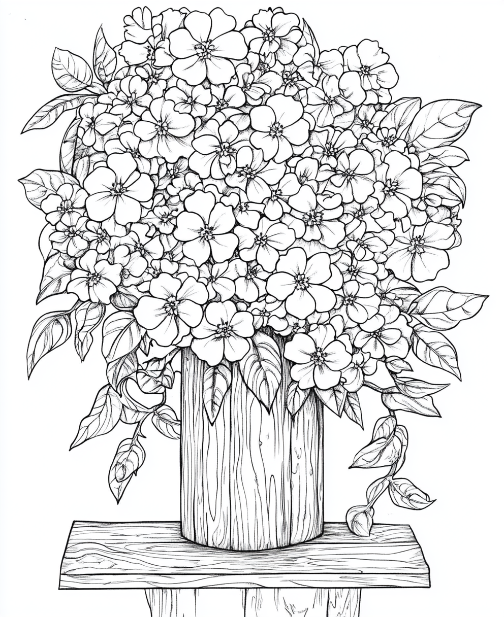 Coloring page of phlox bouquet in wooden vase. Artwork.