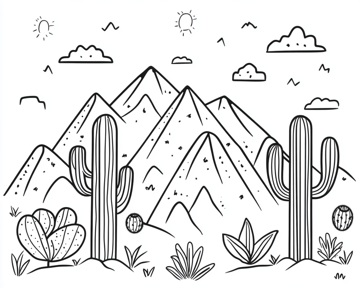 Coloring page of snowy mountains and cactuses