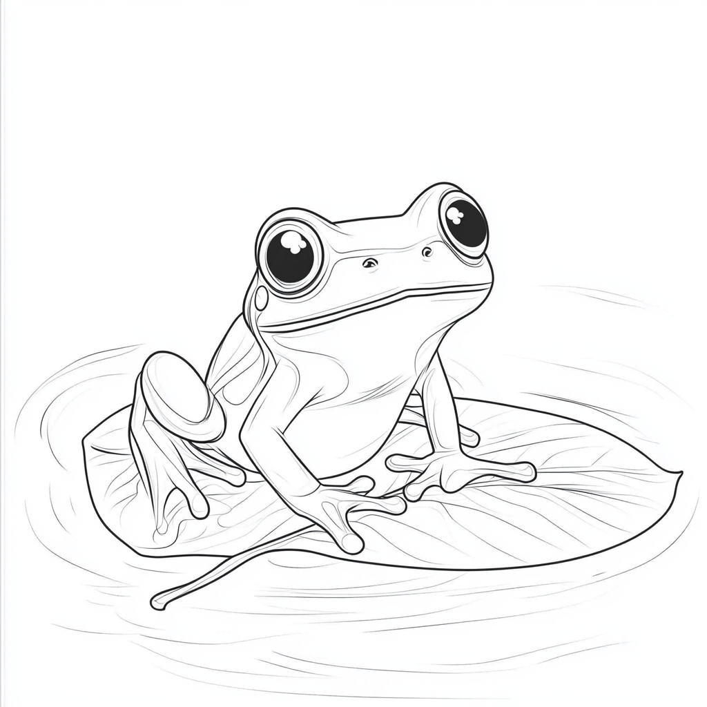 Coloring page with a cute frog on a leaf.