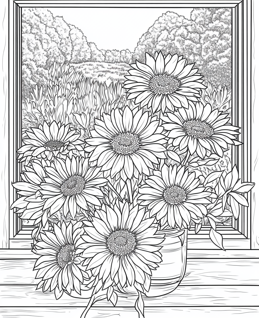 Coloring page with calendula bouquet by window for adults.