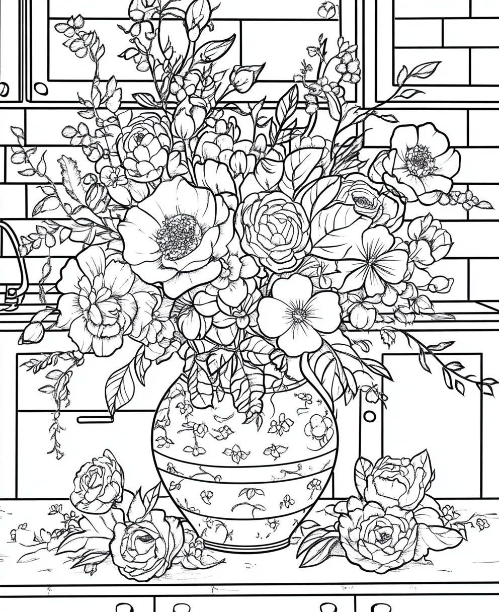 Coloring page with floral bouquet on ceramic vase.